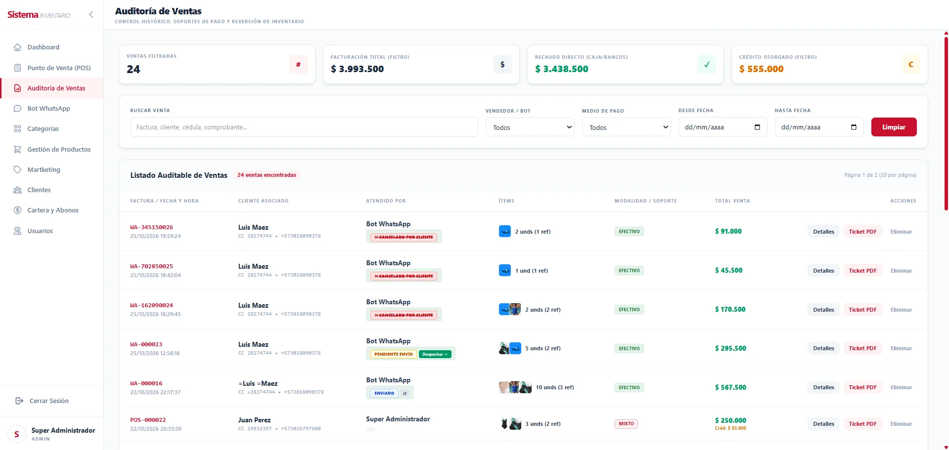 Chatbot IA de Ventas para WhatsApp 24/7, CRM, Catálogo y Créditos - Pantalla operativa 3
