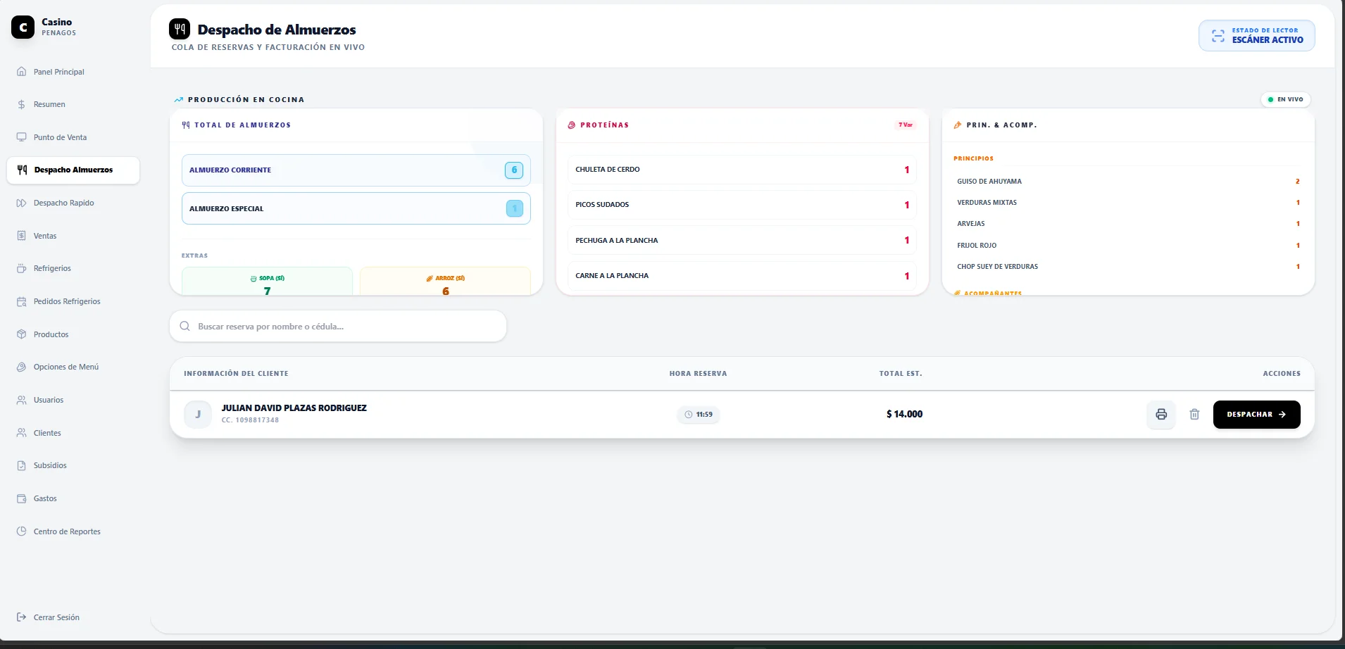 Software de Gestión de Casino Empresarial y Alimentos POS - Pantalla operativa 2