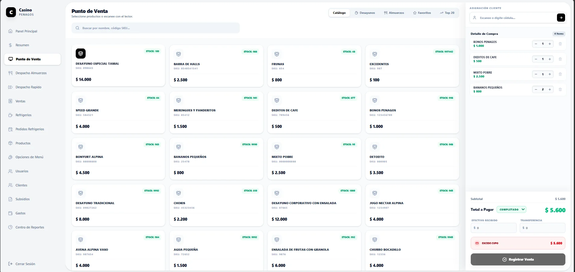 Software de Gestión de Casino Empresarial y Alimentos POS - Pantalla operativa 3